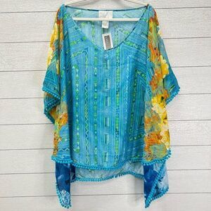 NWT Silk Athena Procopiou Intermix Kaftan Silk Blend Floral Pom Poms OS